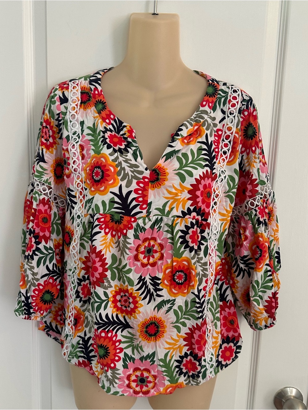 Crown & Ivy Floral Crochet-Inset Peasant Blouse.